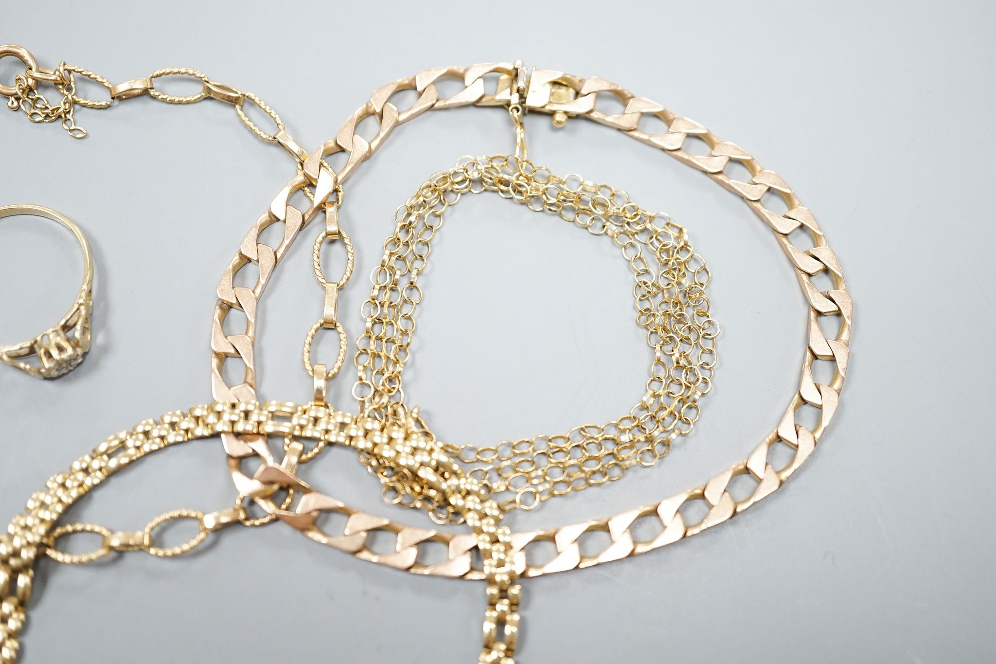 Three assorted 9ct gold bracelets, a 9k chain and a 9ct gold and diamond chip set ring, gross 24.4 grams.